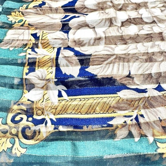 Scarf 36 inch Square Blue Green Cream Gold Flowers - Picture 2 of 3